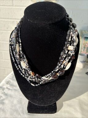 Multi-Strand Black and White Beaded Statement Necklace